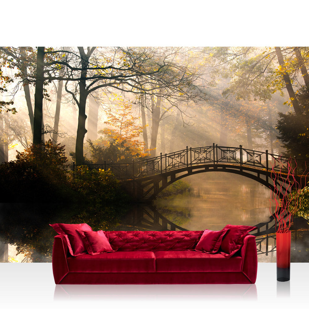 Nonwoven photo wallpaper forest wallpaper woodland water trees autumn nature sun white