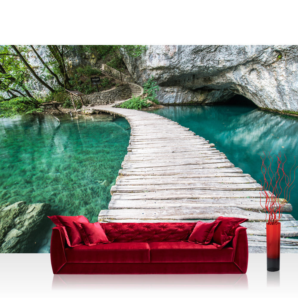 Nonwoven photo wallpaper sea wallpaper nature water wooden path romantic red