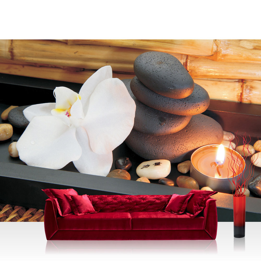 Vlies Fototapete Wellness Tapete Steine Kerze Orchidee Relax Wellness. Romantik Bad Orange Bambus