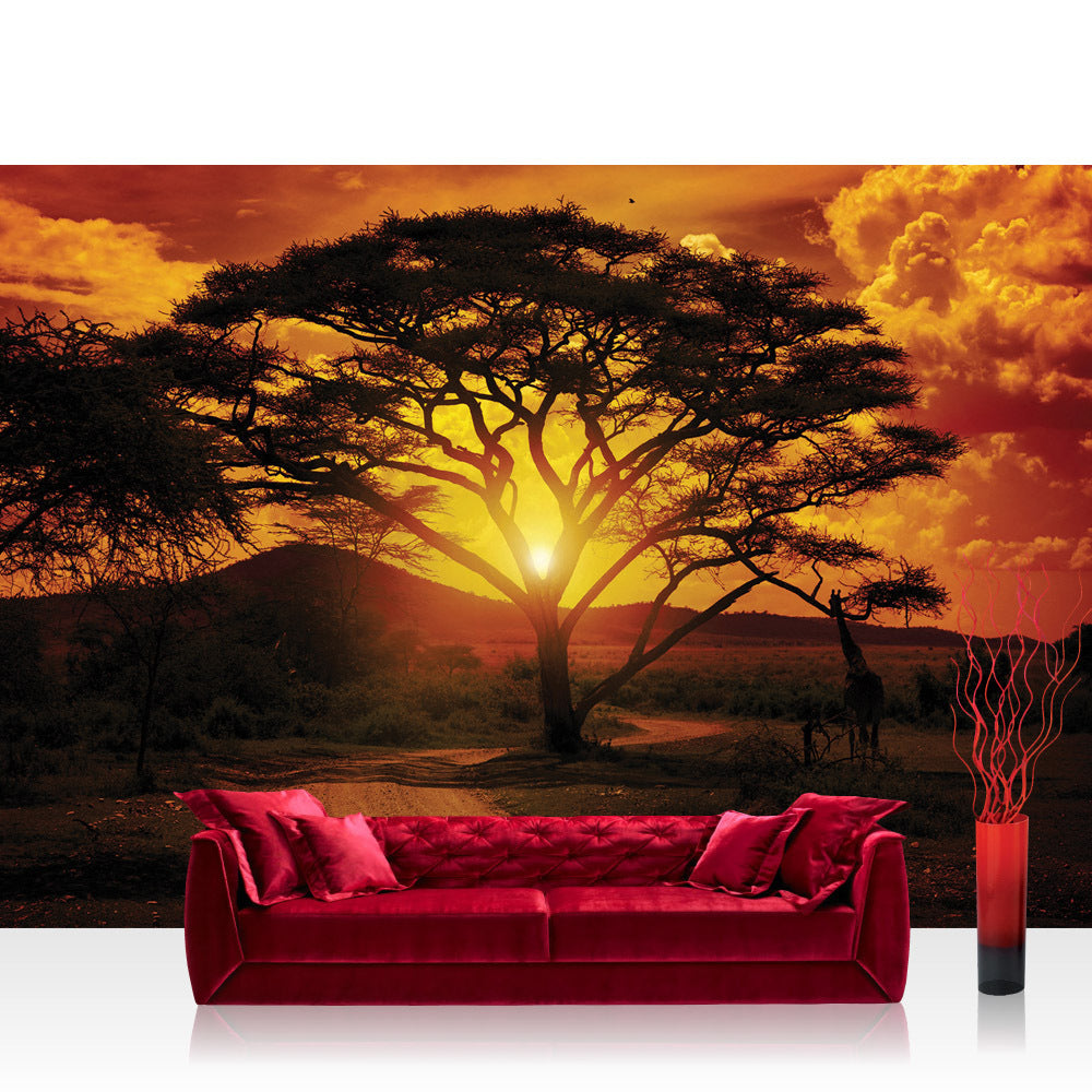 Papier peint photo intissé coucher de soleil papier peint coucher de soleil chemin d'arbre Afrique romance crépuscule