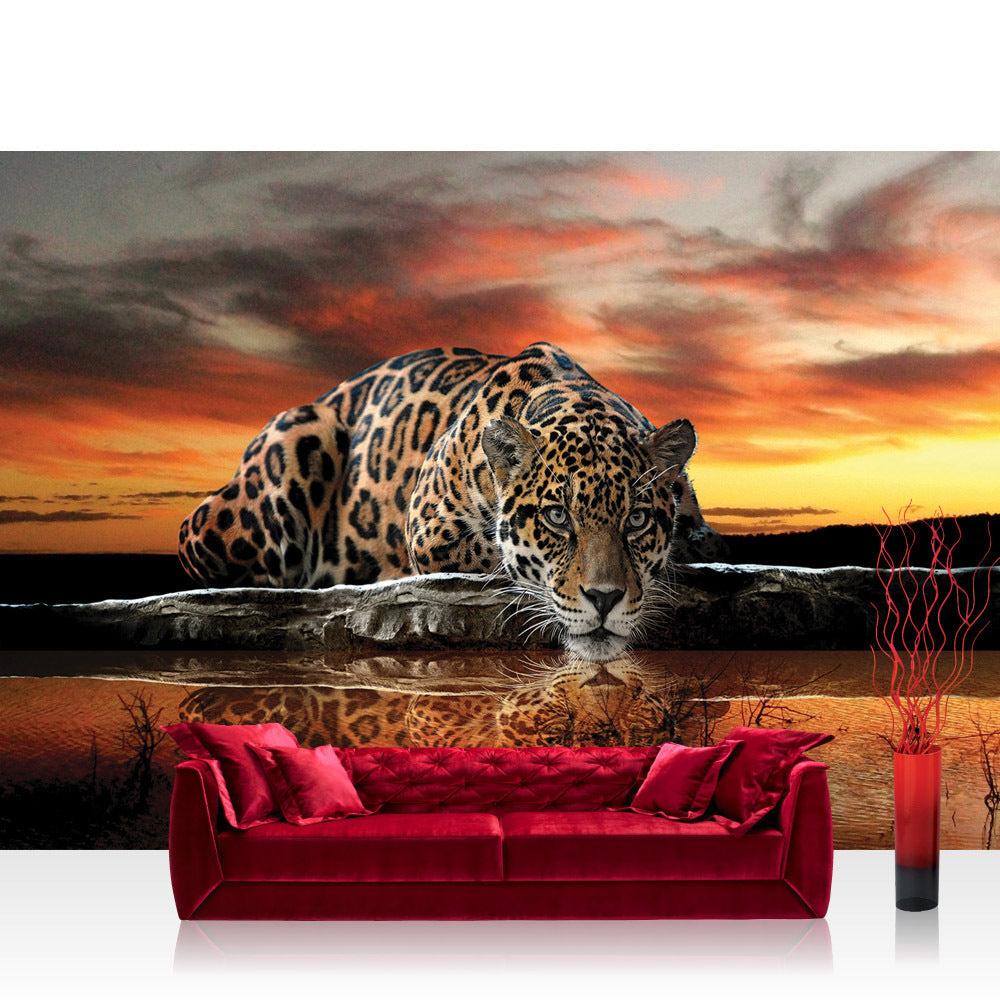 Papier peint photo intissé animaux papier peint jaguar coucher de soleil animaux orange eau orange