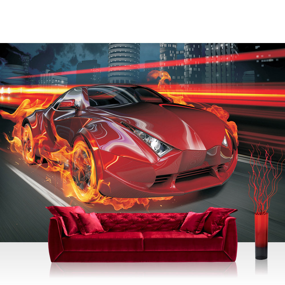 Nonwoven photo wallpaper cars wallpaper car fire tires lightning boys men illustration red red