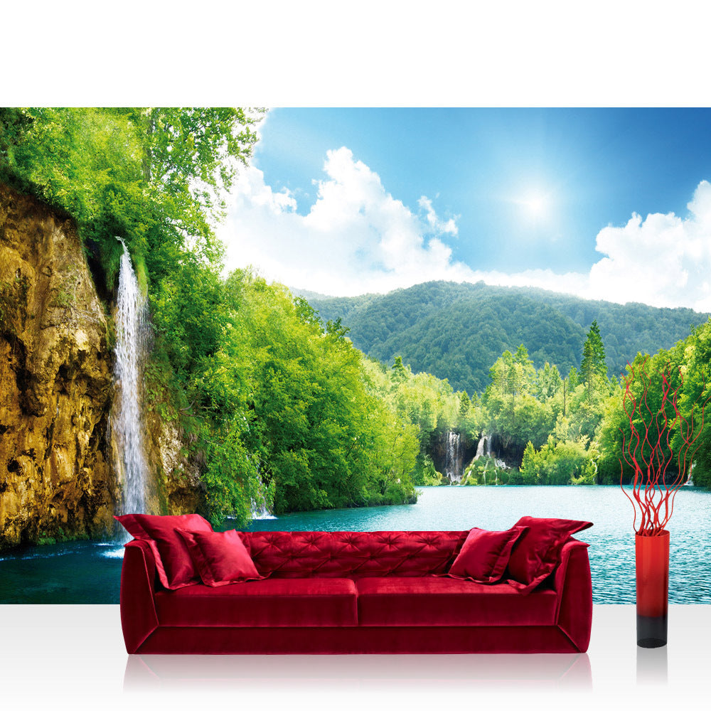 Nonwoven photo wallpaper water wallpaper waterfall trees sea water sky summer holiday blue