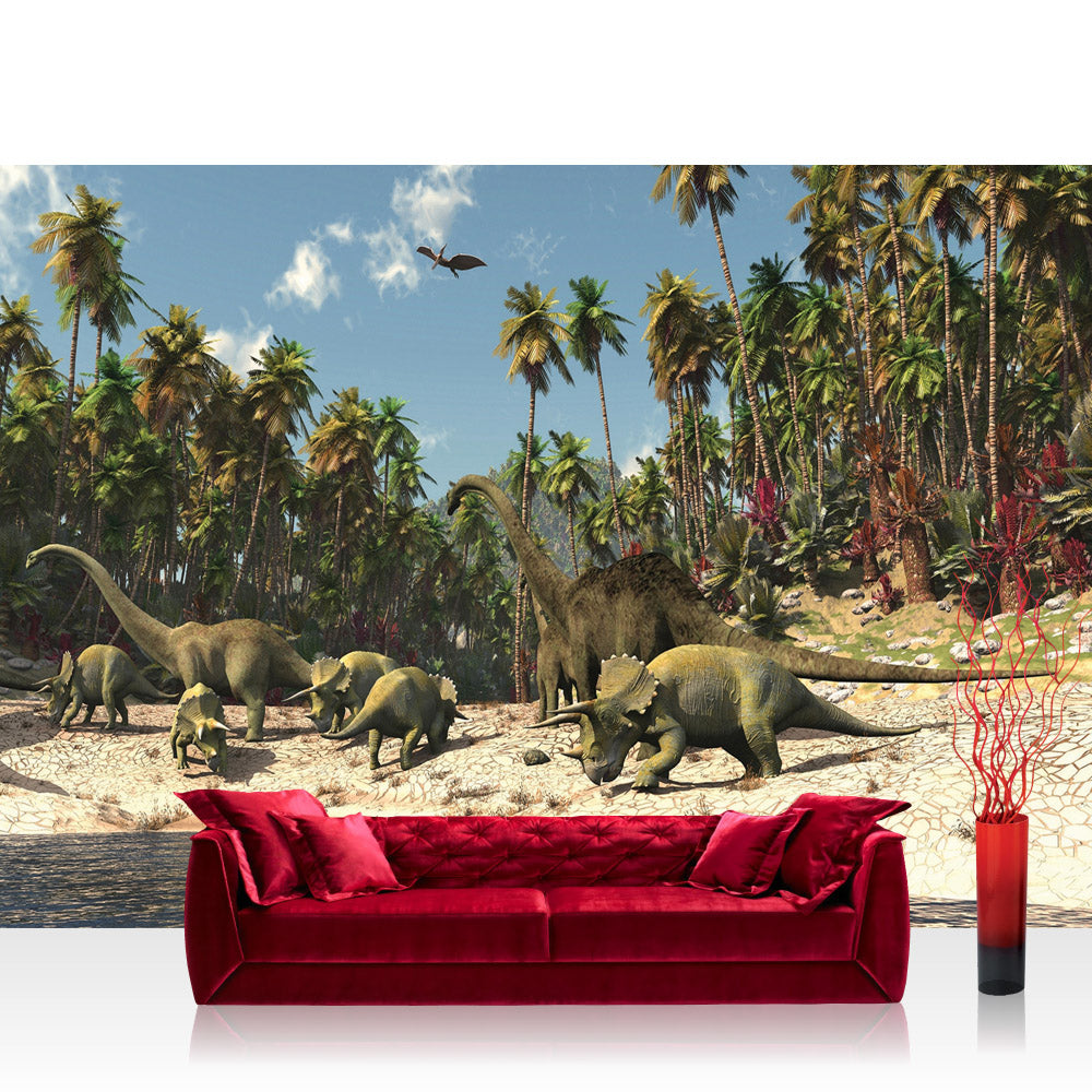 Papier peint photo intissé papier peint enfant dinosaure plage palmiers animation vert