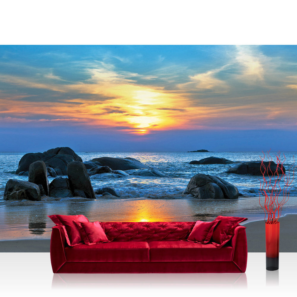 Nonwoven photo wallpaper sea wallpaper beach rocks sea waves sunset blue