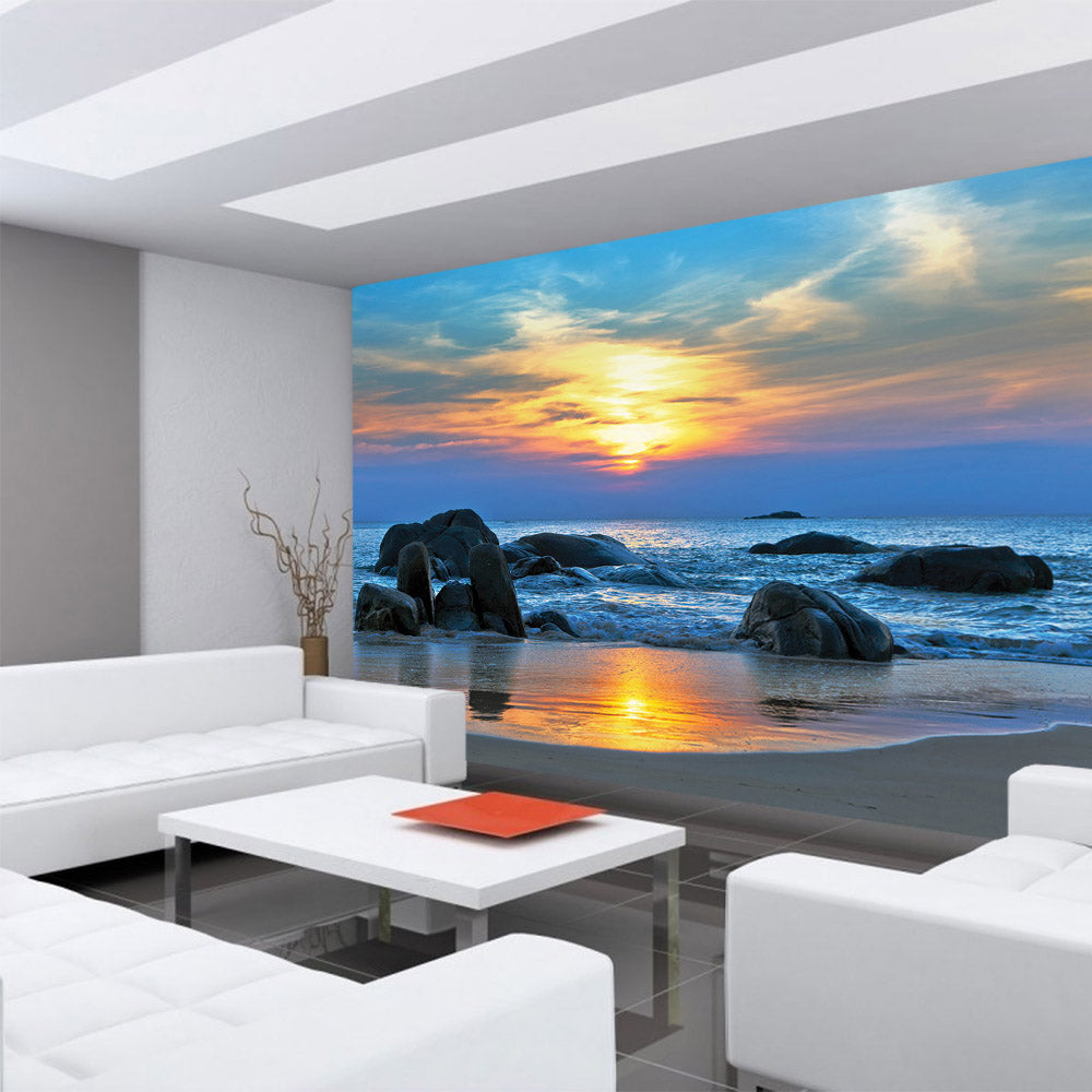 Nonwoven photo wallpaper sea wallpaper beach rocks sea waves sunset blue