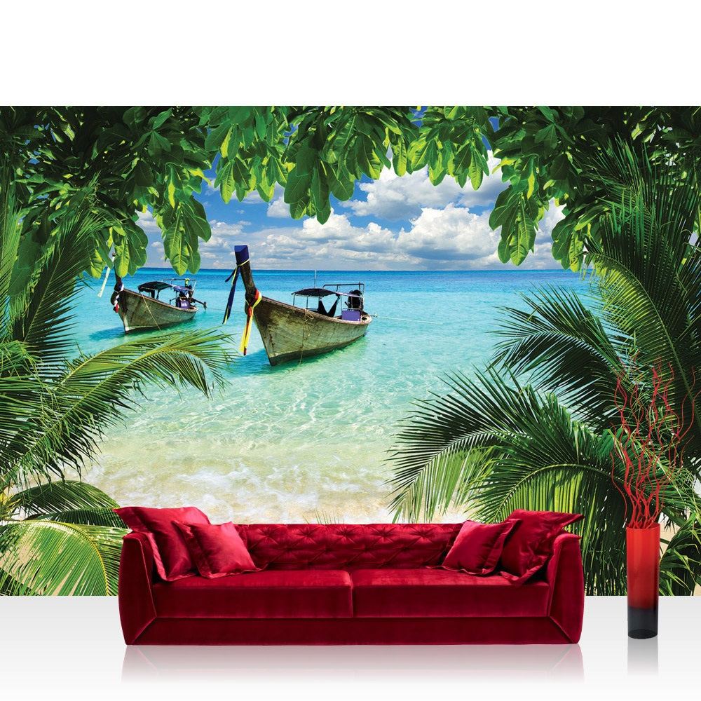 Nonwoven photo wallpaper sea wallpaper beach sea boat palm clouds turquoise