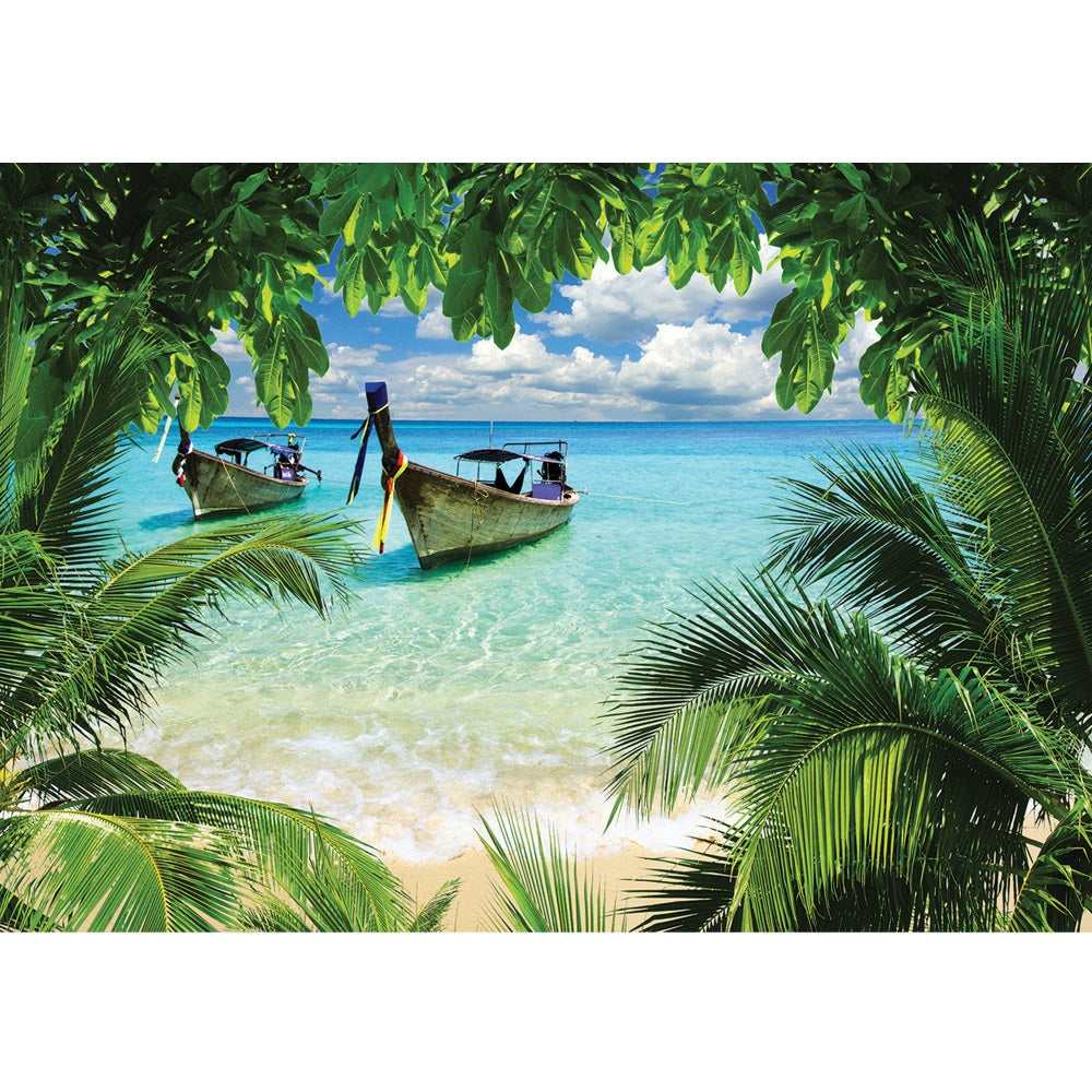 Nonwoven photo wallpaper sea wallpaper beach sea boat palm clouds turquoise