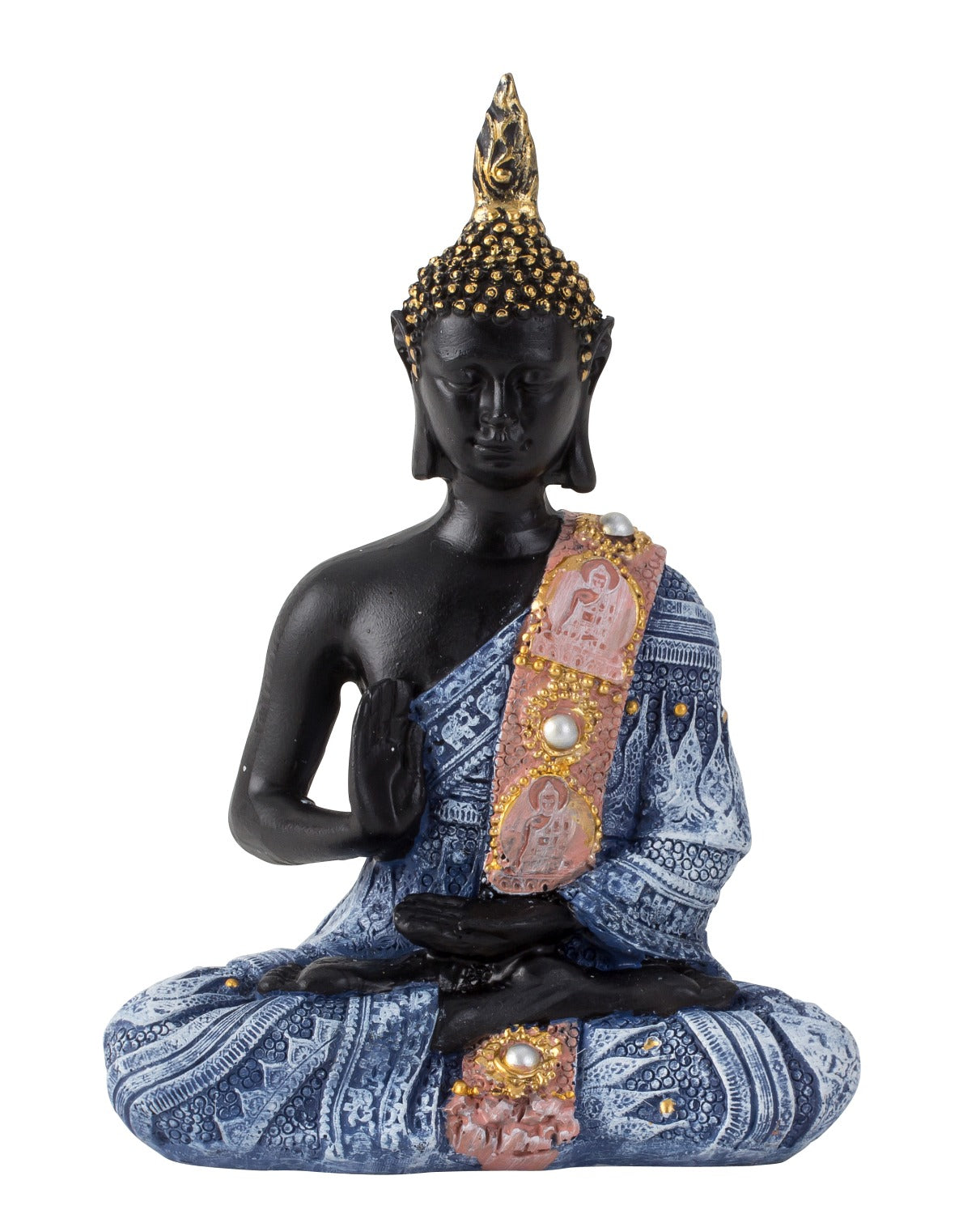 Sculpture moderne figure décorative Bouddha en pierre artificielle noir/bleu 15x11 cm