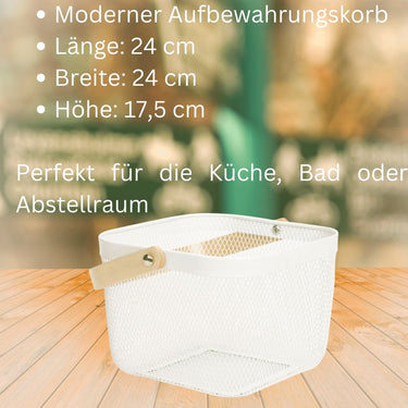Aufbewahrungskorb mit Henkel für Kleidung Deko oder Accessoires weiß aus Stahl und Holz 24x24x17,5cm - Lifestyle & More