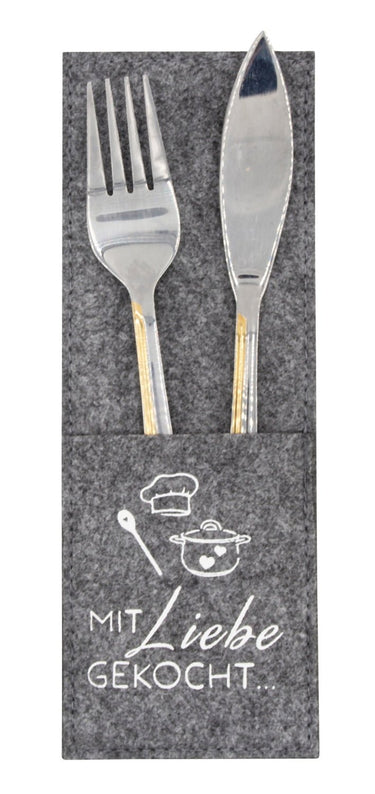 Besteck - Tasche aus Filz grau mit Druck "Mit Liebe gekocht" | 6 Stück | 8x22 cm - Lifestyle & More