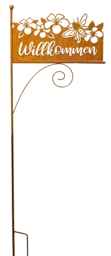 Gartenschild Gartenstab mit Schild "Willkommen" aus Metall Rostfarben Höhe 119 cm Breite 42 cm - Lifestyle & More