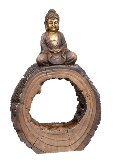 Moderne Skulptur Dekofigur Buddha sitzend auf Baumscheibe gold/braun 35x56 cm - Lifestyle & More
