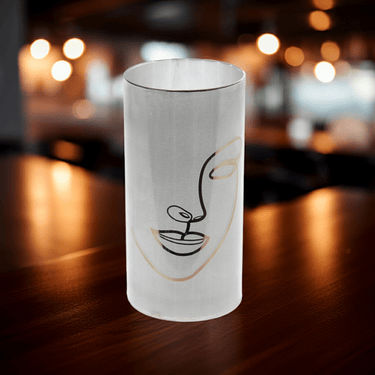 Moderne Windlicht LED - Lampe im Zylinder - Design aus Glas weiß mit aufgedrucktem Gesicht 10x20 cm - Lifestyle & More