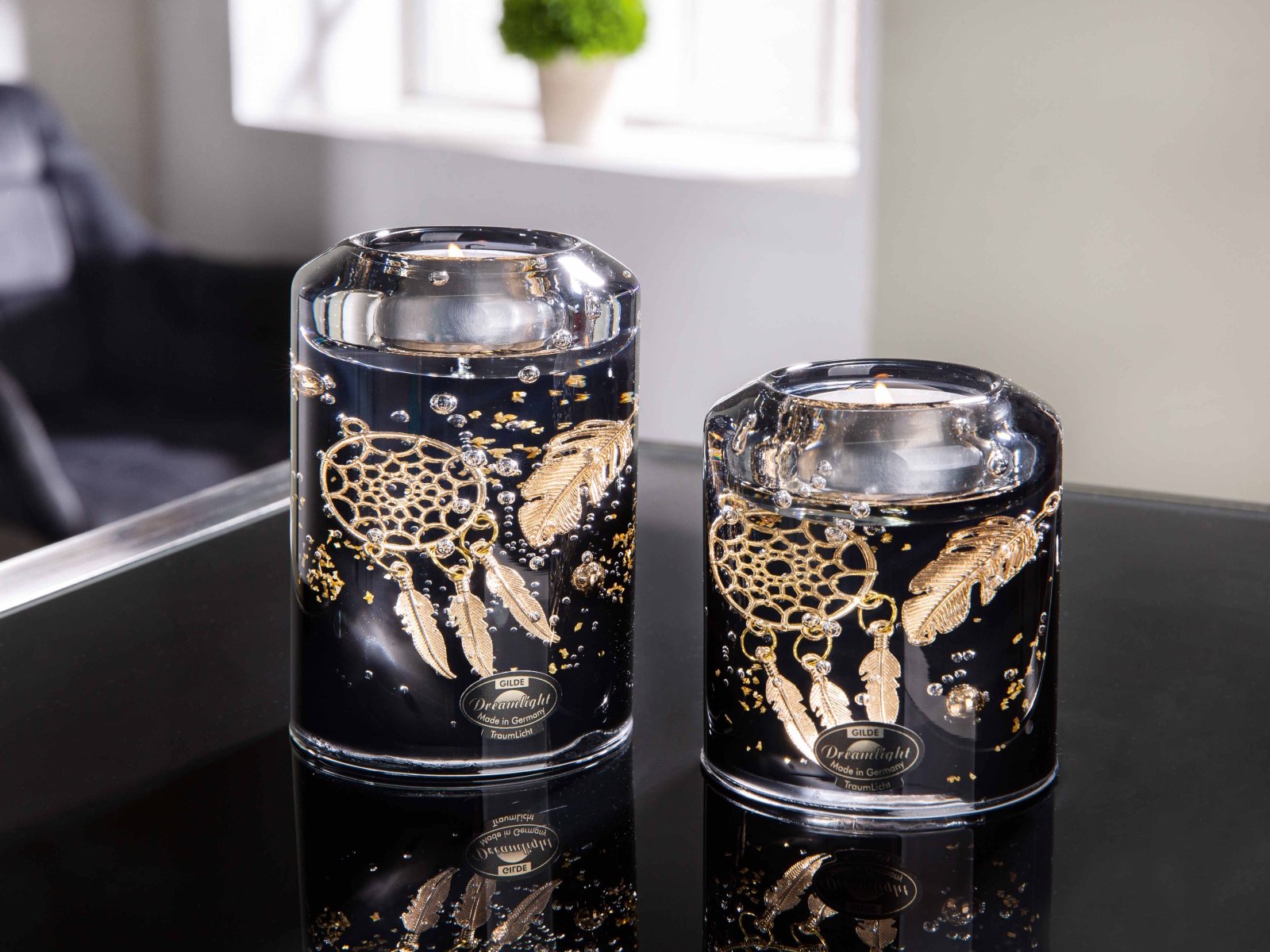 Moderner Teelichthalter Windlichthalter aus Glas Schwarz Gold Höhe 10, – Lifestyle & More