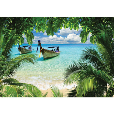 Vlies Fototapete Meer Tapete Strand Meer Boot Palme Wolken türkis - Lifestyle & More