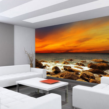 Vlies Fototapete Rocky Beach Sunset Sonnenaufgang Tapete Sonnenaufgang Strand Meer Felsen Sunset - Lifestyle & More