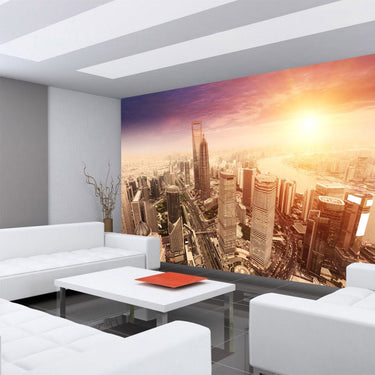 Vlies Fototapete Shanghai Sunset SkylineShanghai Tapete Skyline Schanghai Wolkenkratzer Hochhäuser - Lifestyle & More