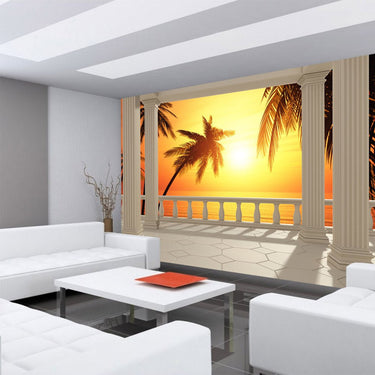 Vlies Fototapete Terrace View Romantic Sunset Meer Tapete Sonnenaufgang Strand Beach Palmen - Lifestyle & More