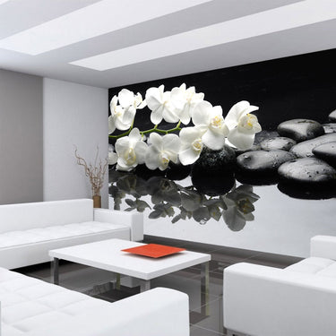 Vlies Fototapete White Orchids an Black Stones Ornamente Tapete Orchidee Blumen Blumenranke Rosa - Lifestyle & More