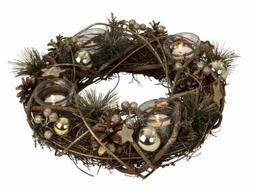 Weihnachtlicher Adventskranz rund mit gold/brauner Dekoration für Teelichter ⌀ 34 cm - Lifestyle & More