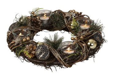 Weihnachtlicher Adventskranz rund mit gold/brauner Dekoration für Teelichter ⌀ 34 cm - Lifestyle & More