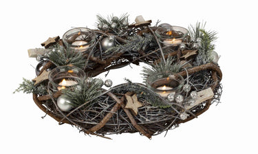 Weihnachtlicher Adventskranz rund mit silber/grün/brauner Dekoration für Teelichter ⌀ 34 cm - Lifestyle & More