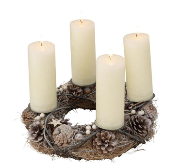 Weihnachtlicher Adventskranz rund mit weiß/silber/brauner Dekoration für Kerzen ⌀ 34 cm - Lifestyle & More