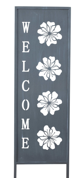 Garden sign Welcome decorated with flowers made of grey metal Height 83 cm Width 22 cm