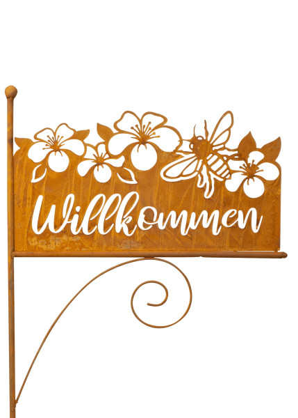 Garden sign Garden pole with sign ‘Welcome’ made of metal rust-coloured Height 119 cm Width 42 cm