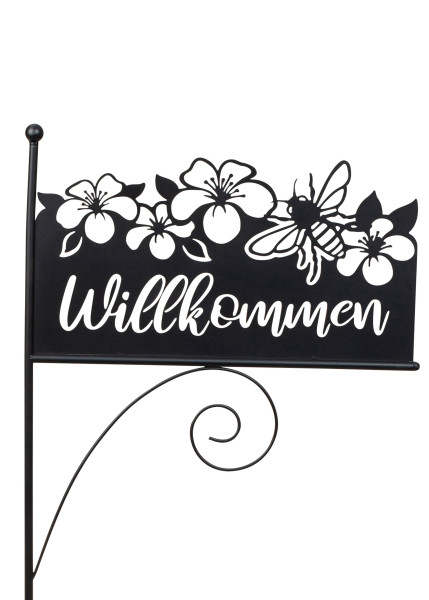 Gartenschild Gartenstab mit Schild Willkommen aus Metall schwarz Höhe 119cm Breite 42 cm